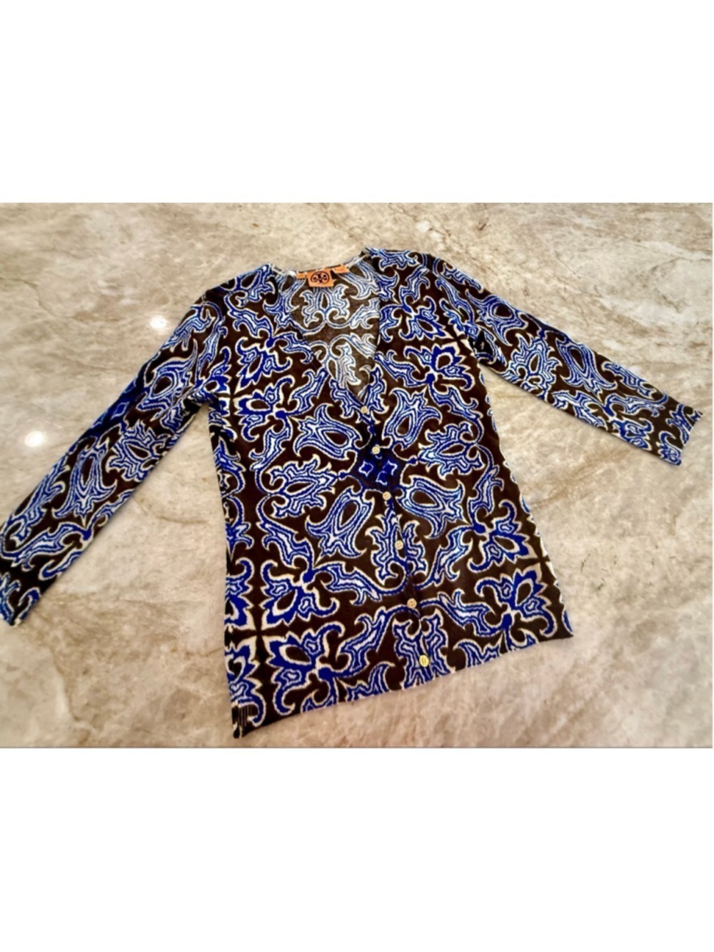 Tory Burch thin wool cardigan Brown & Blue Patterned S lightweight gold